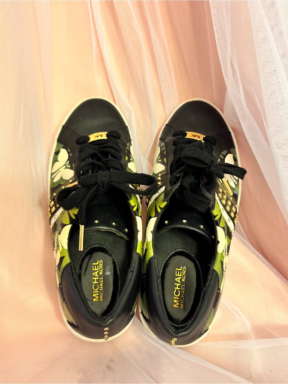 👟Michael Kors Black/Green/White Floral Logo Lace-Up Low Top Sneakers 7.5 - 8